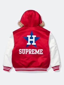 Supreme x Mitchell & Ness Astros Hoodie back view in bold red and white satin with striking Astros collab detailing and a clean rib knitted hem silhouette.