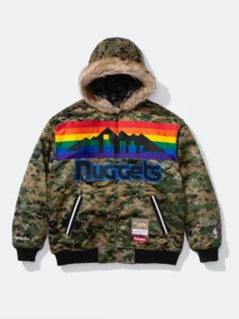 Supreme x Mitchell & Ness Nuggets Camo Hoodie in bold camo parachute with a hooded collar, rib knitted cuffs and iconic Supreme x Denver Nuggets collab detailing.