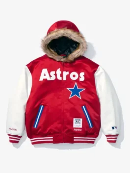 Supreme x Mitchell & Ness Astros Hoodie in bold red and white satin with a hooded collar, rib knitted cuffs and the iconic Supreme x Astros collab detailing.