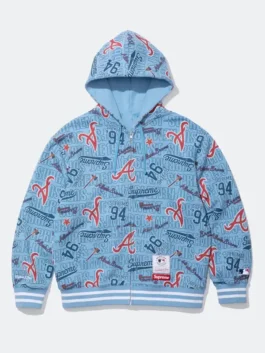 Supreme x Mitchell & Ness Braves Blue Hoodie in bold blue fleece with a hooded collar and the iconic Supreme x Atlanta Braves collab zip-up everyday build.