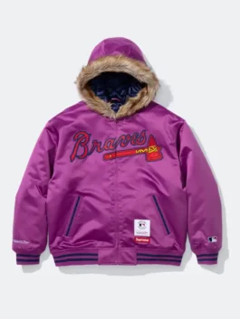 Supreme x Mitchell Ness Atlanta Braves Hoodie in bold purple satin with a hooded collar, rib knitted cuffs and iconic Supreme x Atlanta Braves collab detailing.
