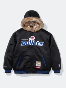 Supreme x Mitchell & Ness Bullets Hoodie in bold black satin with a hooded collar, rib knitted cuffs and the iconic Supreme x Washington Bullets collab detailing.