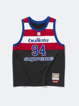 Supreme x Mitchell & Ness Bullets Jersey in bold polyester with a round neck collar and the iconic Supreme x Washington Bullets collab sleeveless design.