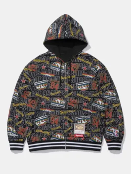 Supreme x Mitchell & Ness Nuggets Black Hoodie in rich black fleece with a hooded collar, kangaroo pockets and iconic Supreme x Denver Nuggets collab text detailing.