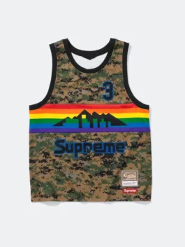 Supreme x Mitchell & Ness Nuggets Jersey in bold camo polyester with a round neck collar and the iconic Supreme x Denver Nuggets collab sleeveless design.
