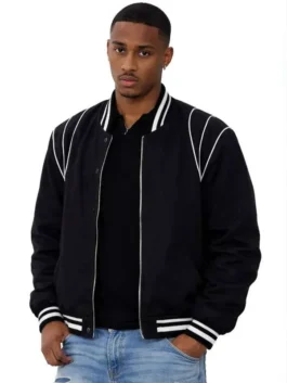 The Gates 2026 Keith Powers Black Bomber Jacket in professional black satin with a luxury rib knitted collar.
