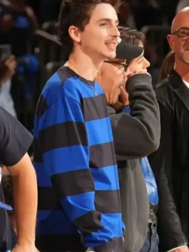 Timothee Chalamet 76ers v Knicks Sweatshirt in bold blue and black fleece with a round neck collar and Timothee's sharp effortless NBA courtside everyday presence.