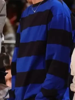 Timothee Chalamet 76ers v Knicks Sweatshirt for sale in bold blue and black fleece with a round neck collar and Timothee's sharp courtside everyday presence.