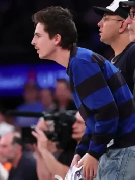 Timothee Chalamet 76ers v Knicks Sweatshirt in bold blue and black striped fleece with a round neck collar and Timothee's effortless everyday courtside style.