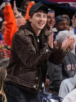 Knicks vs 76ers Timothee Chalamet Trucker Jacket in rich brown corduroy with a sherpa collar, button cuffs and Timothee's effortlessly cool NBA courtside style.