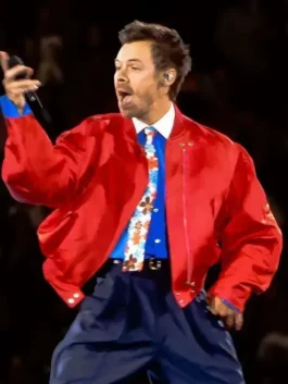 Together Together Tour Harry Styles Red Jacket in bold red satin with a rib knitted collar and Harry Styles's electrifying Together Tour stage presence.