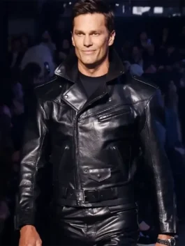 Tom Brady Gucci Event Black Leather Biker Jacket highlighting professional pocket architecture and luxury real leather.