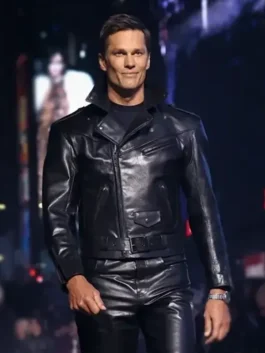 Tom Brady Gucci Event Black Leather Biker Jacket showcasing professional hardware and luxury full length sleeves.