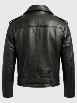 Tom Brady Gucci Event Black Leather Biker Jacket back view highlighting professional panel stitching and luxury finish.