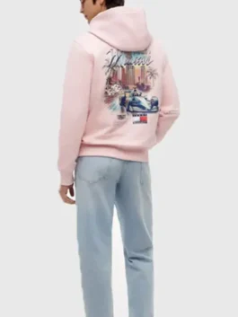 Tommy Hilfiger x Cadillac F1 Team Miami Hoodie highlighting professional graphic printing and luxury full length sleeves.
