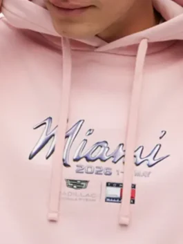 Tommy Hilfiger x Cadillac F1 Team Miami Hoodie showcasing professional kangaroo pockets and luxury rib knitted cuffs.
