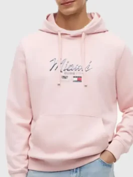 Tommy Hilfiger x Cadillac F1 Team Miami Hoodie in professional pink fleece fabric with a luxury hooded collar finish.