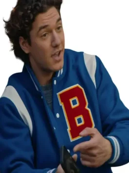 Off Campus Belmont Cameli Blue Varsity Jacket in professional blue wool with a luxury rib knitted collar.