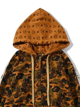 Unisex MCM Bape Hoodie front view in rich brown fleece with bold Bape printed design and a clean hooded zip-up everyday streetwear silhouette.