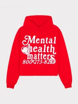 Mental Health Matters Hoodie front view in bold red fleece with a hooded collar and a clean pullover everyday awareness-inspired streetwear silhouette.