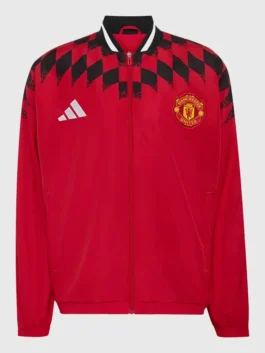 Manchester United Adidas Stadium Track Jacket in bold polyester with a rib knitted collar and Manchester United's fearless Adidas stadium track everyday silhouette.