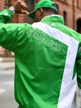 Vinny Graham HOMAGE x Starter Eagles Jacket in bold green and white parachute with a stand up collar and Vinny Graham's fearless Eagles fan presence.