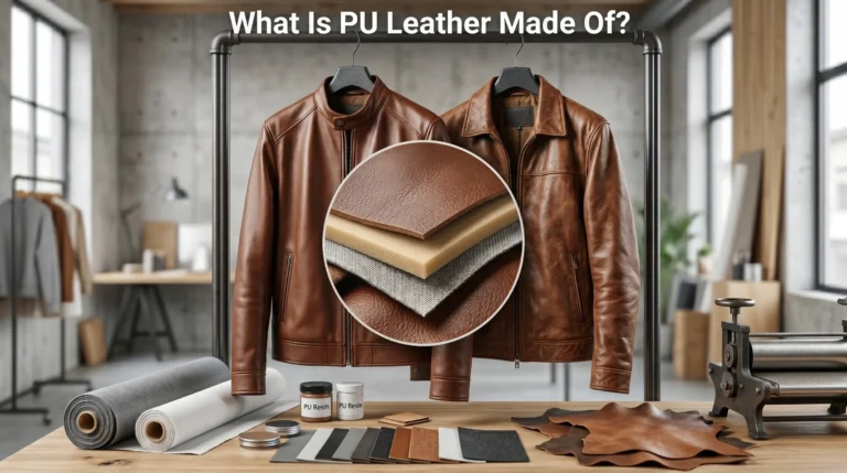 What is PU leather made of showing polyurethane leather layers, fabric backing, resin materials, and leather jackets