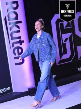 Golden State Valkyries Miela Sowah Denim Jacket highlighting professional rhinestone work and luxury five pocket build.