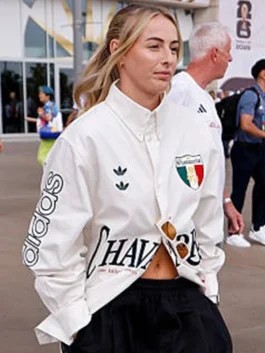 White Adidas x Willy Chavarria Chloe Kelly Mexico Shirt as seen on Chloe Kelly celebrating the bold Adidas x Willy Chavarria collaboration