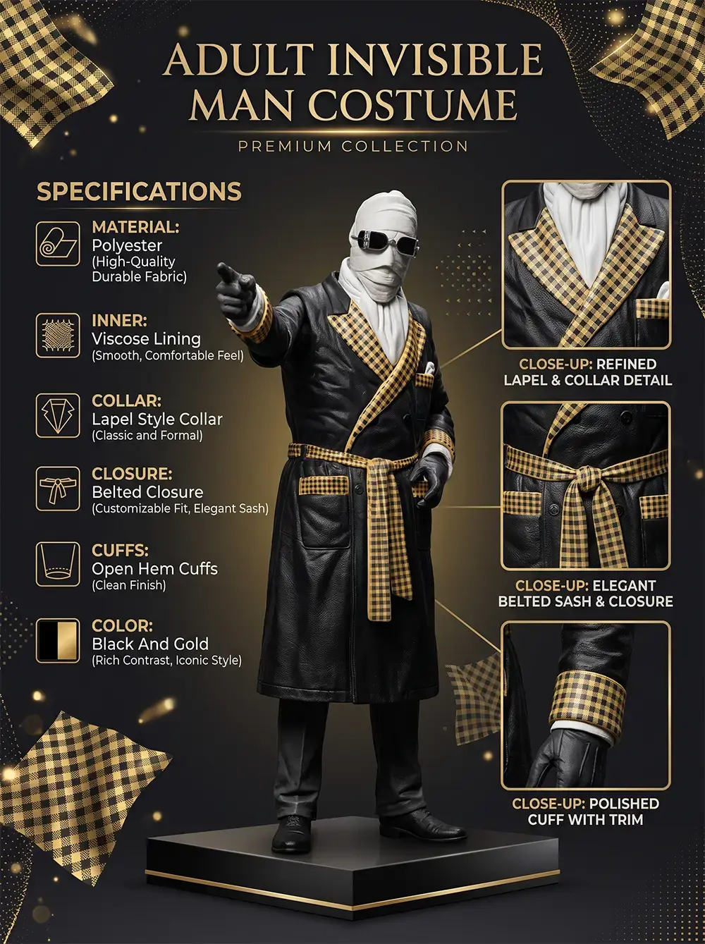 The Adult Invisible Man Costume, featuring a model with a bandaged head and sunglasses wearing a long black robe with distinct gold-and-black checkered trims, alongside garment specs and three macro close-up panels detailing the lapel, belted sash, and cuffs.