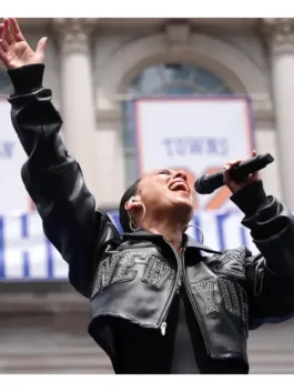Knicks Victory Parade Alicia Keys Jacket showcasing professional team panels and luxury cozy rib knitted cuffs.