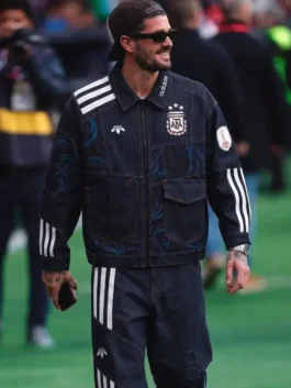 Argentina World Cup Denim Sports Jacket front view in professional blue denim with a luxury shirt style collar finish.