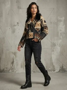 Dutton Ranch Beth Dutton Western Print Jacket in professional wool fabric with a luxury shearling lapel collar.