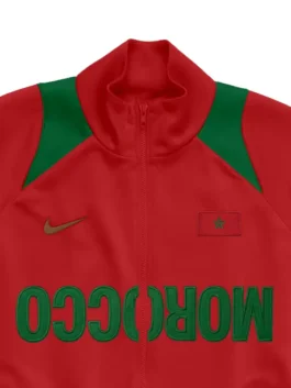 CJ X Nike Morocco Total 90 Anthem Jacket closeup profiling professional embroidery texturing and luxury rib knitted cuffs.