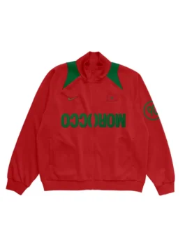CJ X Nike Morocco Total 90 Anthem Jacket front view in professional red fleece with a luxury stand up collar.