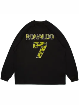 Bape X CR7 Life LS Football Jersey in professional black polyester with a luxury round neck collar.