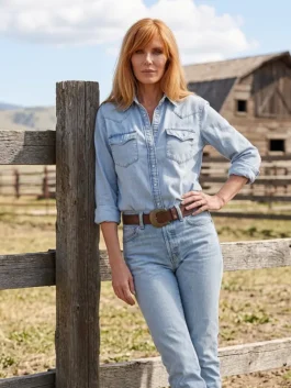 Blue Dutton Ranch Kelly Reilly Denim Shirt worn as Beth Dutton bringing bold western ranch energy to every scene in Dutton Ranch