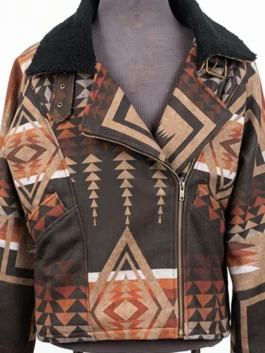 Full straight-on front view of the Dutton Ranch Beth Dutton Western Print Jacket on a mannequin, showcasing the complete asymmetrical motorcycle-style silhouette with a black fleece collar.
