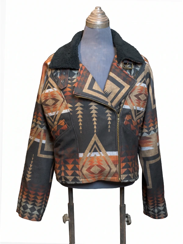 Three-quarter left side view of the Dutton Ranch Beth Dutton Western Print Jacket on a mannequin, showcasing the sleeve length and cascading pattern layout.