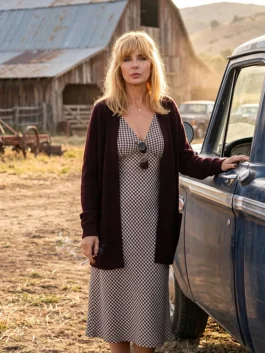 Front view of the burgundy Dutton Ranch Beth Dutton Burgundy Cardigan putting the full western elegance of Kelly Reilly on bold display