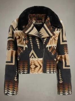 Dutton Ranch Beth Dutton Western Print Jacket front view highlighting professional utility pockets and luxury plush trim details.