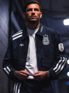 Argentina World Cup Denim Sports Jacket closeup layout highlighting professional team crest and luxury snap tab cuffs.