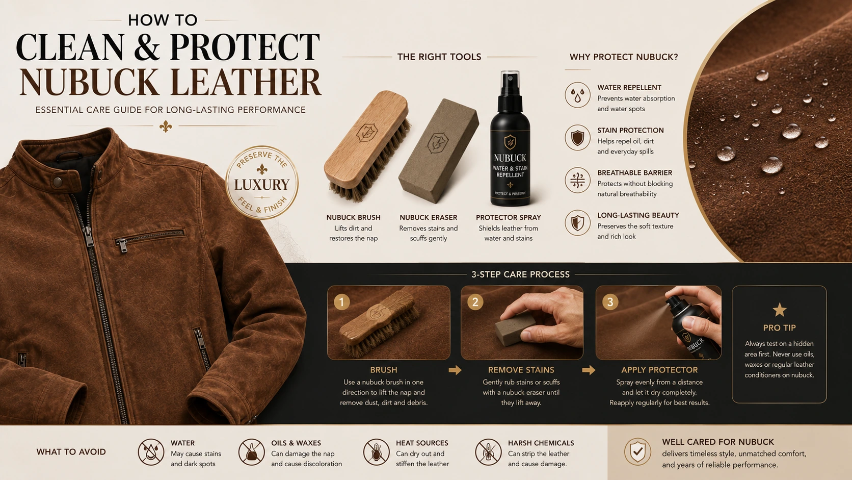 Nubuck leather care infographic showing a Nubuck jacket, cleaning brush, Nubuck eraser, water-repellent spray, and a step-by-step maintenance process.