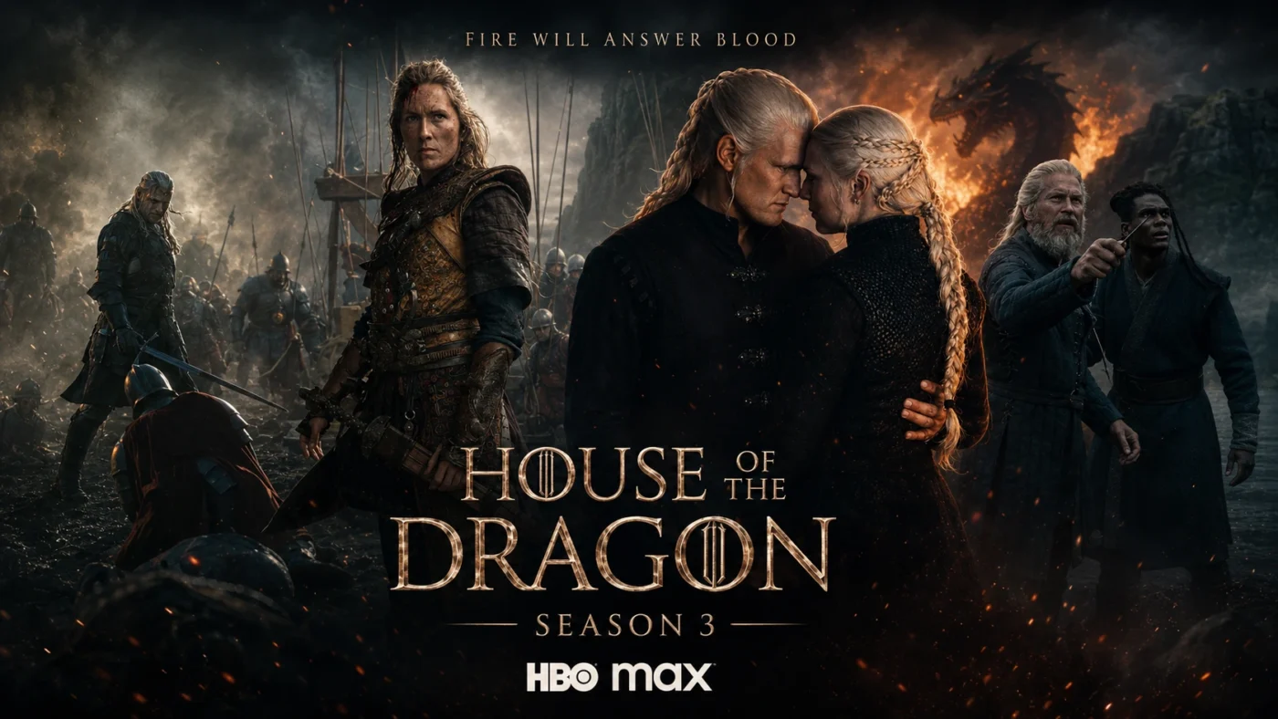 House of the Dragon Season 3 official HBO Max poster 2026 showing Daemon and Rhaenyra Targaryen with the tagline Fire Will Answer Blood and a dragon in flames