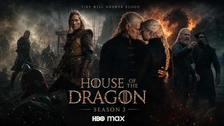 House of the Dragon Season 3 official HBO Max poster 2026 showing Daemon and Rhaenyra Targaryen with the tagline Fire Will Answer Blood and a dragon in flames