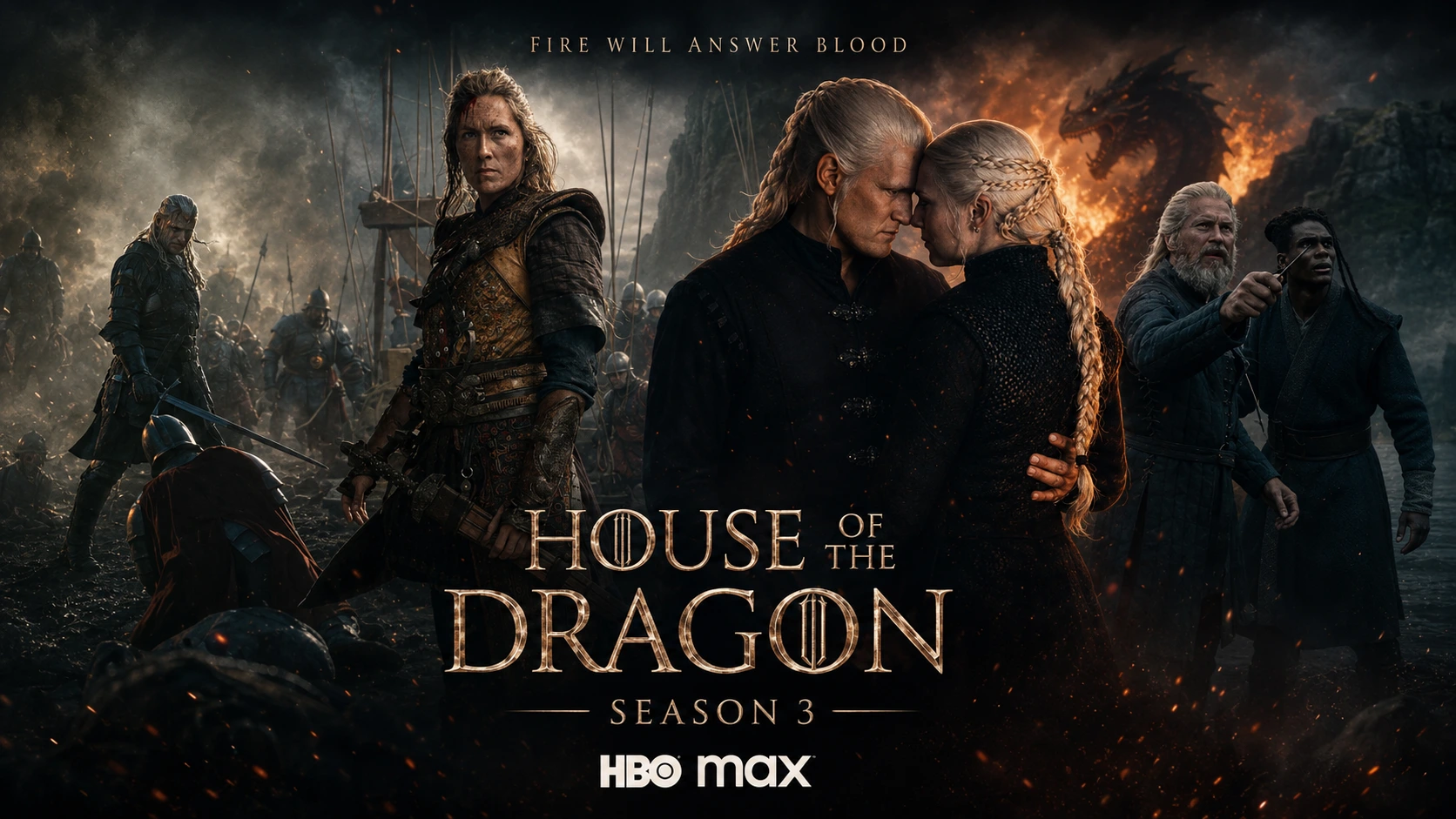 House of the Dragon Season 3 official HBO Max poster 2026 showing Daemon and Rhaenyra Targaryen with the tagline Fire Will Answer Blood and a dragon in flames