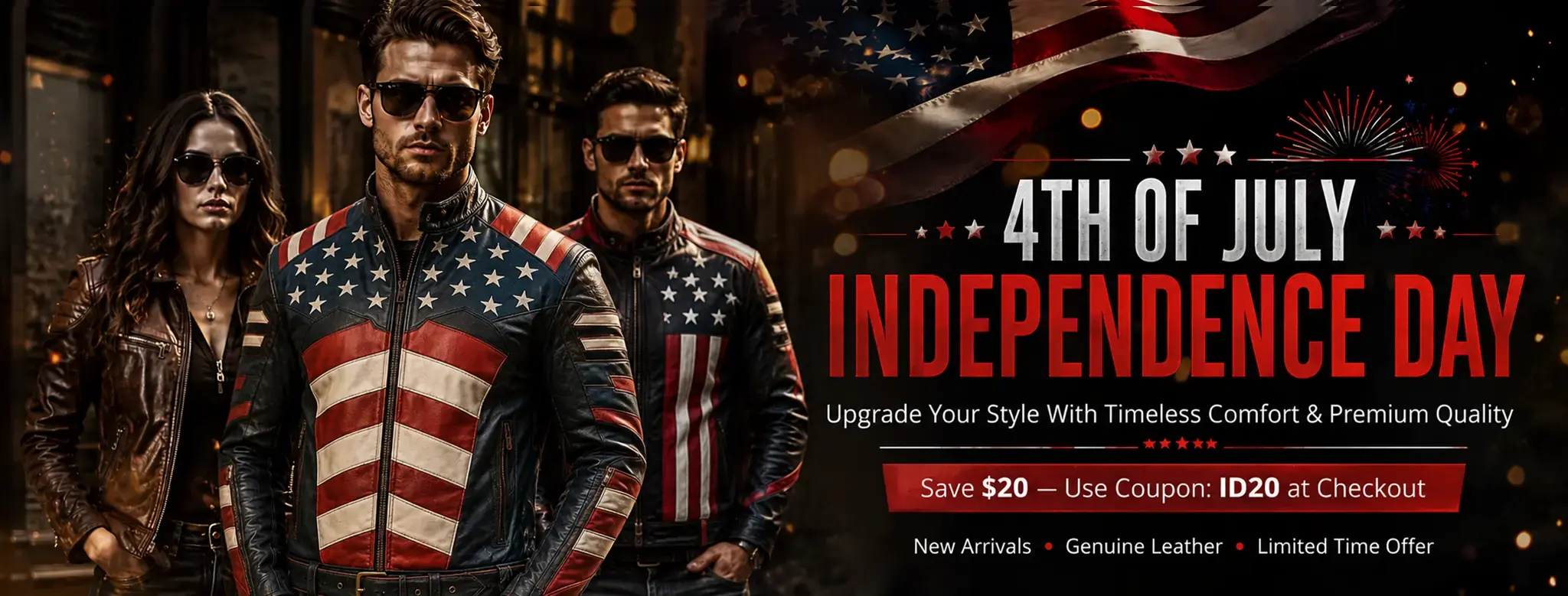 Wide desktop hero graphic showcasing a premium patriotic outerwear collection with an Independence Day promotional coupon code.