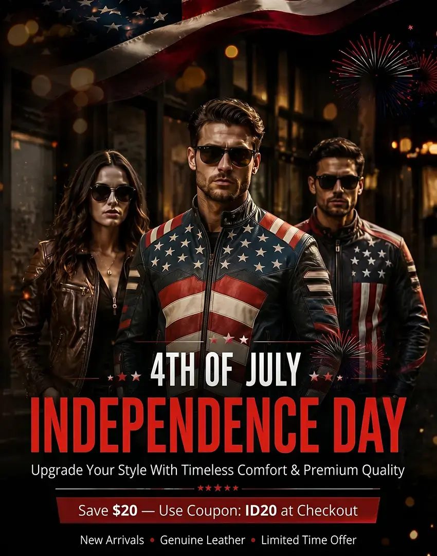 Three models posing in premium patriotic leather jackets under fireworks and an American flag for a 4th of July Independence Day sale banner.