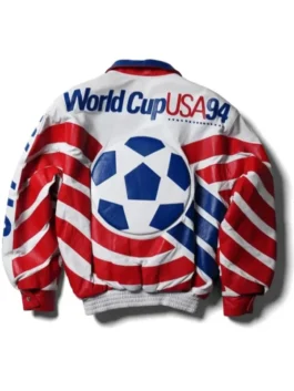 Jeff Hamilton USA 94 World Cup Leather Jacket back view showing professional real leather and luxury team graphics.