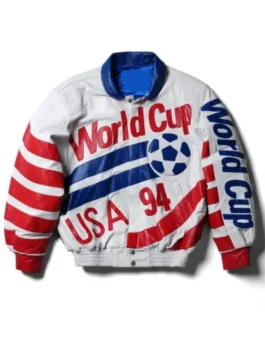 Jeff Hamilton USA 94 World Cup Leather Jacket front view featuring professional snap tab closure and luxury viscose lining.